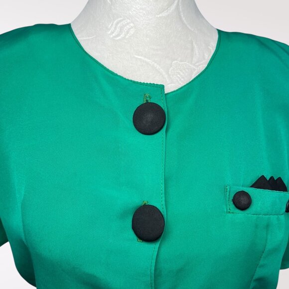 Vintage 80s Green Button Up Blouse Black Buttons Retro Short Sleeve Medium - Picture 2 of 9